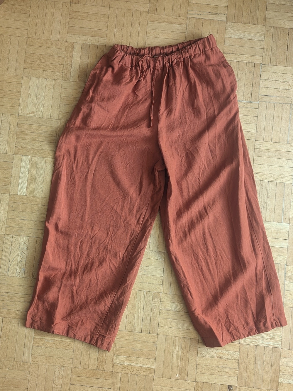 Women's Elastic-Waist Wide-Leg Linen Pants - Rust